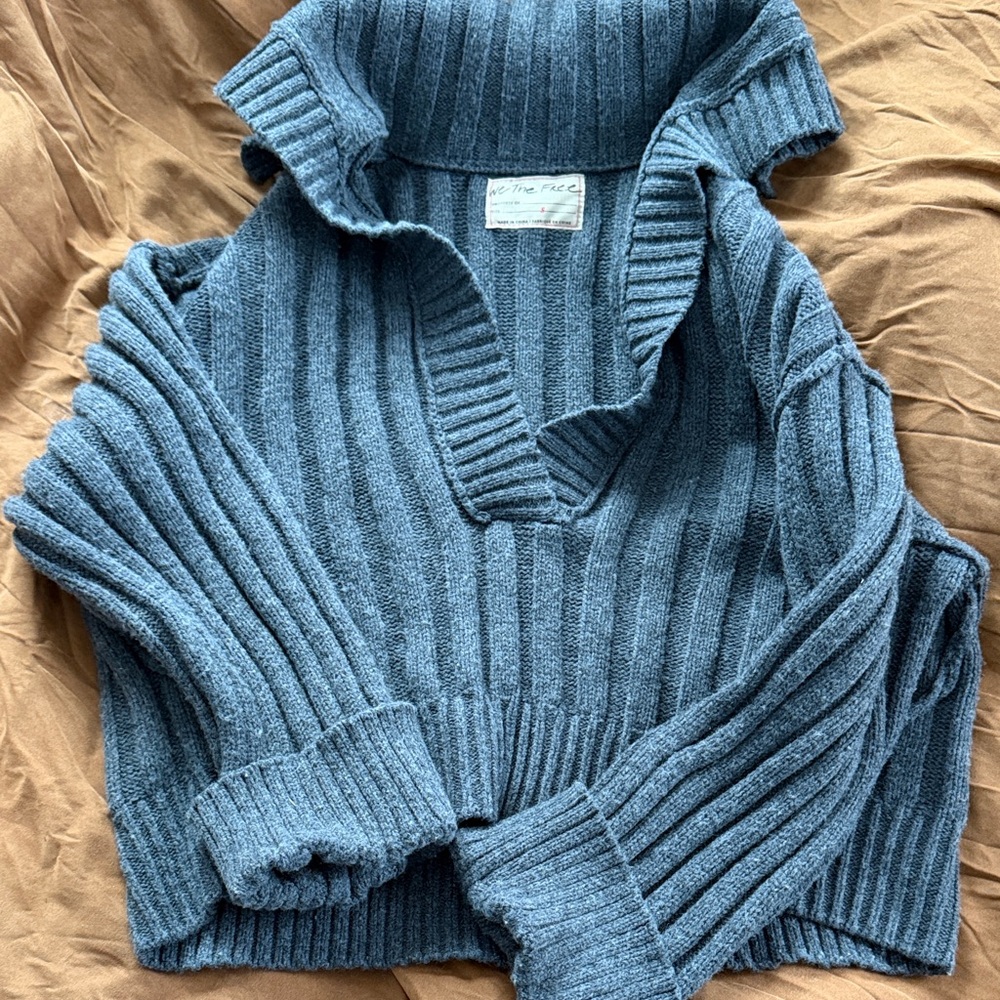 Free People Ribbed Slate Gray V-Neck Sweater